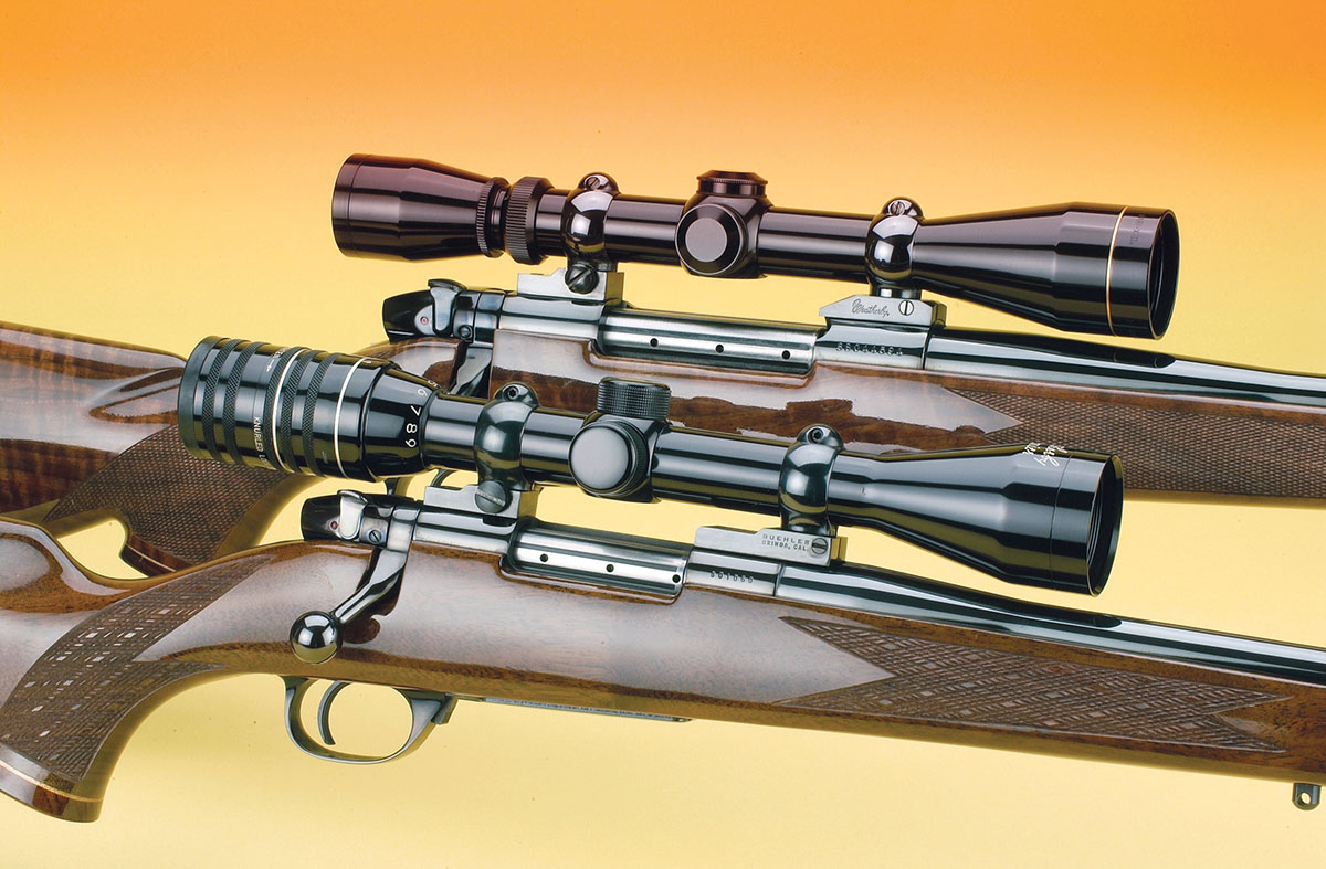 The difference in the two Weatherby action lengths is readily apparent. With its smaller action, the Varmintmaster (bottom) is a much lighter rifle to carry, especially during extended outings.